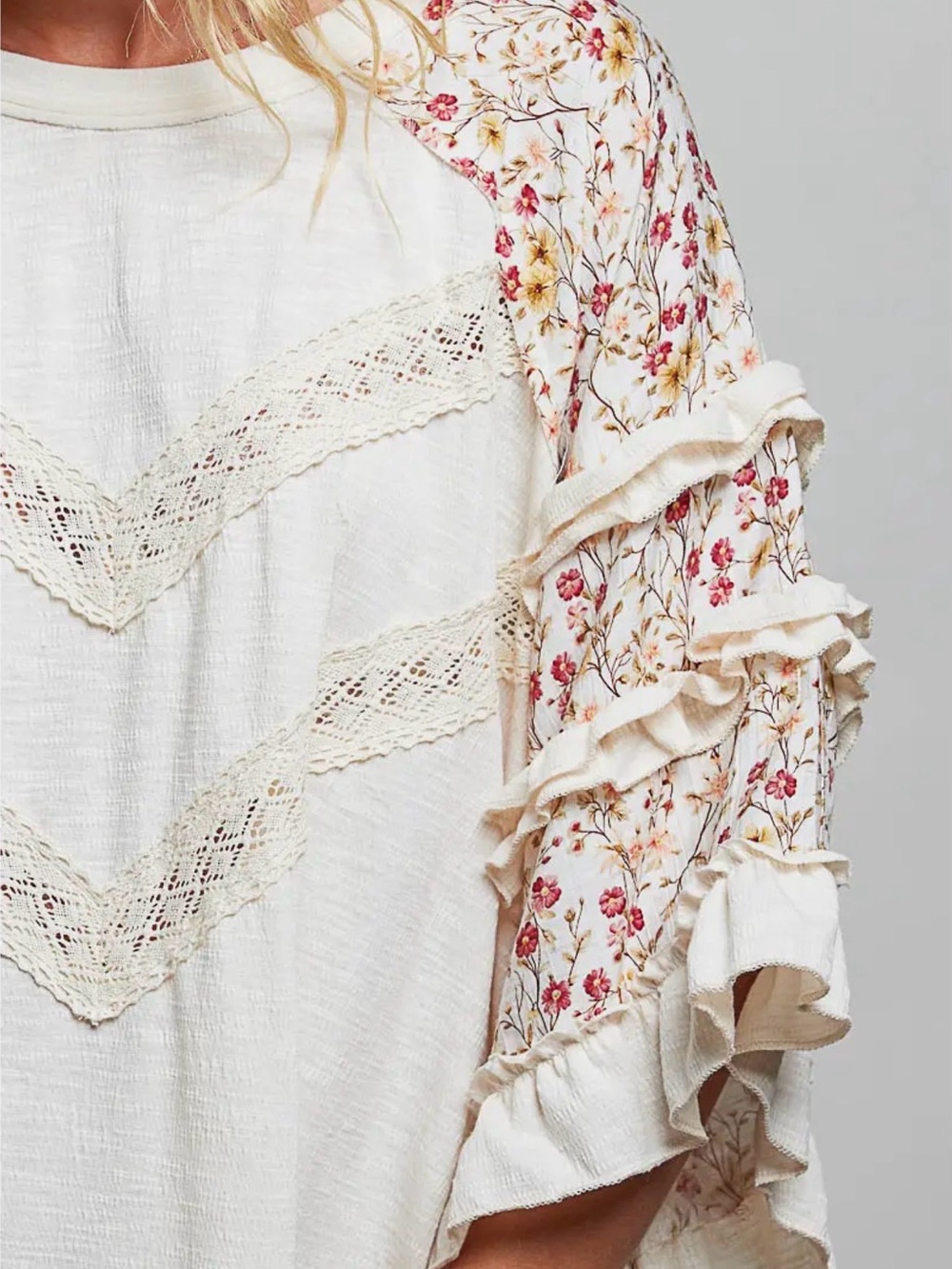 NEW ARRIVALS: SET POL Cream Floral-Trim Ruffle Sleeve Top and Pant - Picture 8 of 8